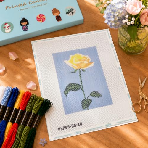 Howie's Needlepoint Flower Needlepoint Kits for Adults & Beginners, 18 Mesh Printed Needlepoint Canvas, Stamped Patterns Canvas Starter Kits(Yellow Rose,7"x 5") - color: Yellow Rose