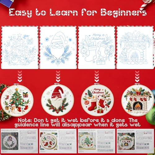 QCCTPUU 4 Sets Christmas Embroidery Kits, Beginner Embroidery Kit for Adults, Cross Stitch Kits for Beginners with Hand Embroidery Tools(Instructions, Needles, Threads - color: 4 Set Christmas
