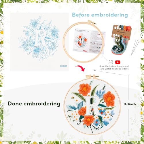Zerzsy 7.87 '' Embroidery Kits Plant Flower Leaf English Letter Patterns for Beginners Adults, Easy to Learn Cross Stitch Kit for Home Office Decor - color: Letter R