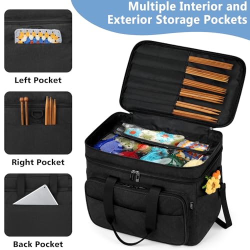 Crochet Organizer Bag with Yarn Holder, Large Yarn Storage for Accessories - color: Black