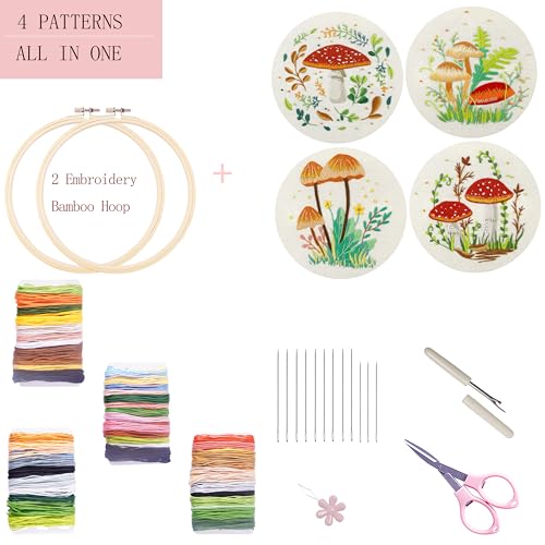 Bonroy 4 Sets Embroidery Kit for Beginners with Instructions,Cross Stitch Kits for Adults with Pattern,Needlepoint Kits for Adult Include Embroidery Cloth Hoops Needles Threads(Mushroom) - color: mushroom4