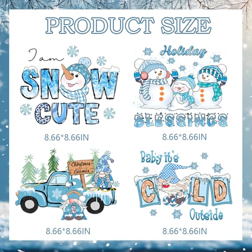 4 Packs Christmas Iron on Patches for Clothing Blue Theme Xmas Iron on Transfer Stickers Cute Dwarf Snowman Snowflake Car Design Ready to Press Decal Heat Transfer Vinyl Appliques for DIY Clothing - color: J