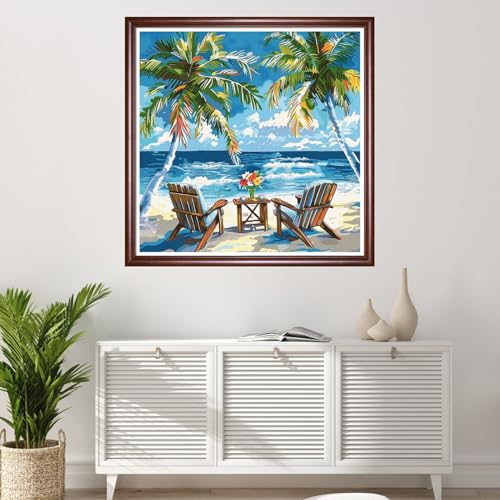 Redxing Stamped Cross Stitch Kits Full Range of Embroidery Starter Kits- Needlepoint Counted Cross Stitch Kits for Beginner Adults 11CT Printed Embroidery Kit-Coconut trees resting seaside 18x18 inchs - color: DIYArtsKit10