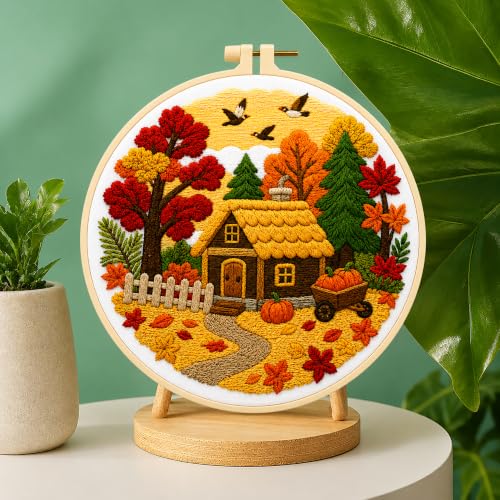 Zhenqing Autumn Cottage Embroidery Kit for Beginners, Fall Harvest Needlework Kit with Pre-Printed Cotton Fabric, Hoop, Threads & Tools, Pumpkin Home Decor (C0143) - color: Autumn Cottage