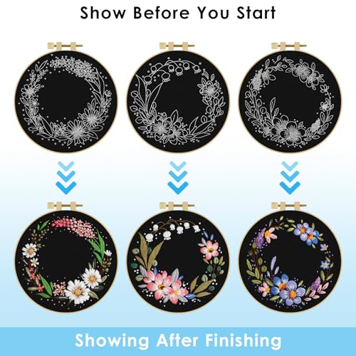 ERKOON 3 Sets Embroidery Kit, Floral Cross Stitch Set for Include Embroidery Cloth Hoops Threads for Craft Lover Hand Stitch (Garlands) - color: Garlands