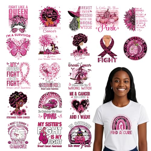 Breast Cancer Awareness Iron on Transfers - 20Pcs Falueqg Dtf Transfers Ready to Press, Pink Ribbon Halloween Iron on Decals Patches, Breast Cancer Survivors Heat Stickers for DIY Tshirts Clothes - color: Breast Cancer Awareness303