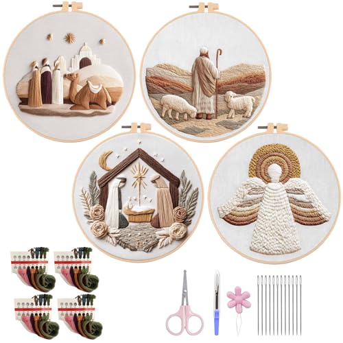 Nativity Embroidery Kit for Adults, Pre-Stamped Pattern Embroidery Kit for Beginners, Needlepoint Kit with Hoop Thread Needle Instruction, 7.9'' Hoop (Nativity 4 Packs) - style: Nativity 4 Packs