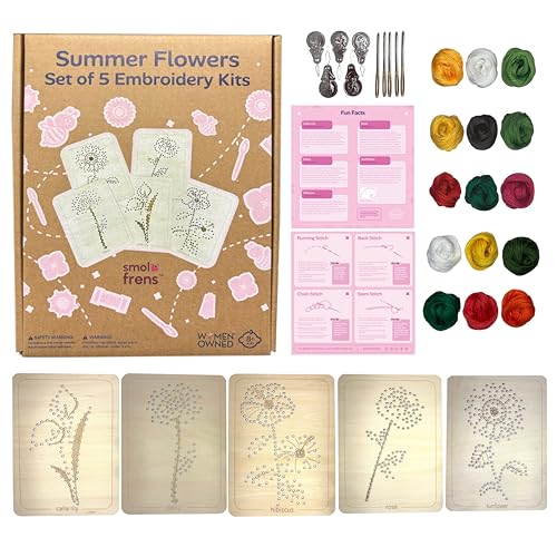 Wooden Flower Lacing Embroidery Kits for Beginners, Set of 5 Learn-to-Stitch Craft Boards, Sewing & Embroidery Art Kits for Kids Ages 8+, DIY Craft Projects, Educational Gifts, Party Favors (Summer) - style: Summer