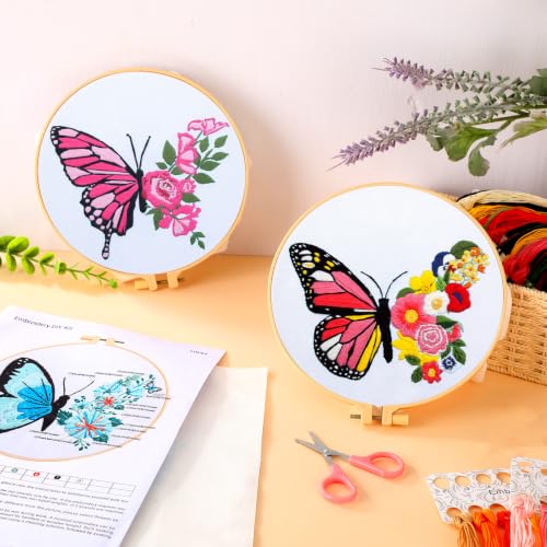 Riceshoot 8 Set Butterfly Floral Embroidery Kit for Beginner Adults Butterfly Embroidery Cross Stitch DIY Craft Needlepoint Pack Kits with Pattern Instruction Cloth Hoops Thread Needle Scissors - style: Butterfly Floral