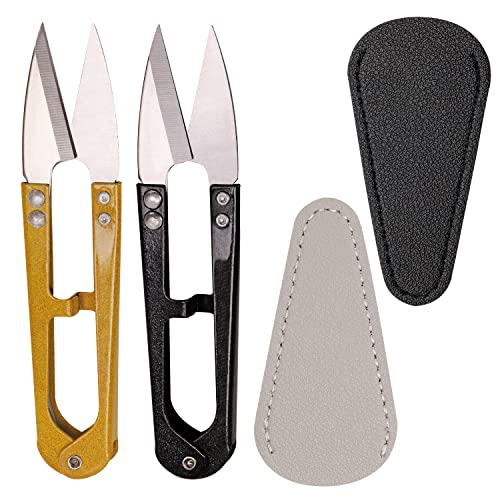 2Pcs Multicolor Mini Sewing Scissors Clipper 2Pcs Leather Scissors Sheath Cover Small Embroidery Thread Thrum Yarn Trimming Nipper U-Shaded Craft Cross Stitch Scissor (Black/Yellow) - color: Black/Yellow