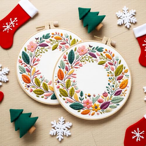 JJFox Embroidery Kit for Beginners and Adults, DIY Hand Embroidery Starter Kit with Cute Pattern, Cross Stitch Needlepoint Set with Hoop, Threads and Instructions (Wreath) - color: Wreath