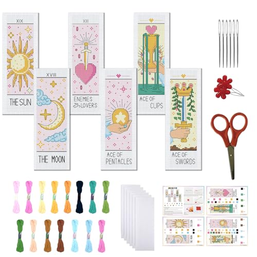 FREEBLOSS 6 Set Cross Stitch Bookmark Kit Stamped Cross Stitch Kit Tarot Cards Theme Embroidery Set with Instruction for Adults 8''*2.4'' - style: Tarot