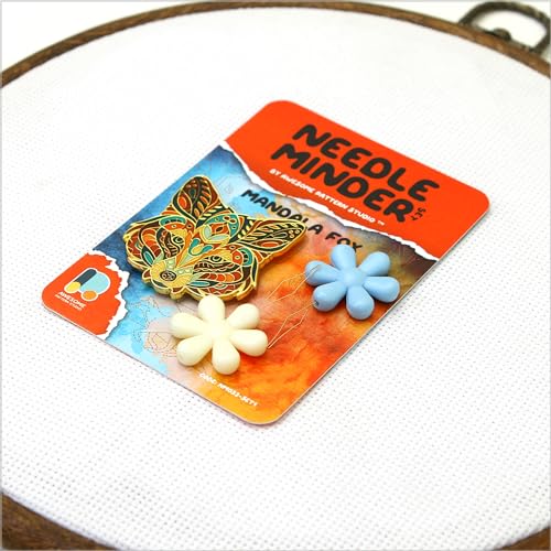 Awesome Pattern Studio Needle Minder Set - Mandala Fox Magnetic Needle Minder + 2 Needle Threaders. Enamel Pin for Cross Stitch, Embroidery and Craft