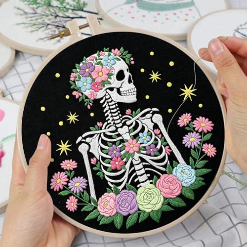 Louise Maelys Halloween Skeleton Floral DIY Embroidery Kit for Beginners - color: Skeleton1