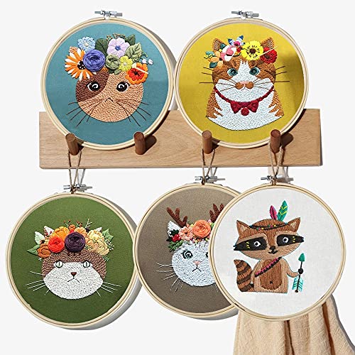 Mozzyyee Embroidery Starter kit, DIY Adult Beginner Embroidery Kits, Including Cloth with Cat Patterns, Colored Threads, Needles, Hoops and Instructions (Green) - color: Green