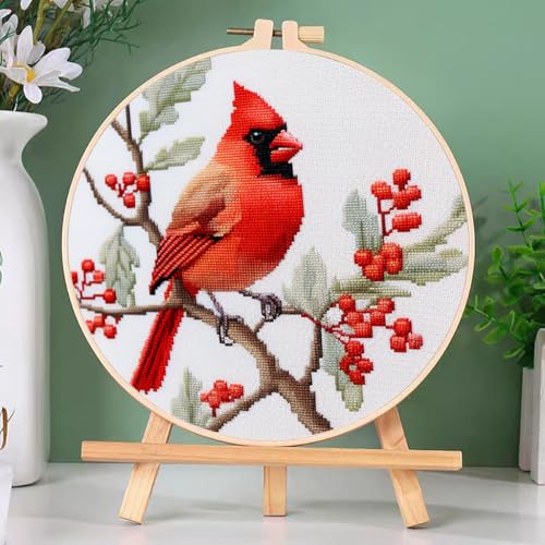 DIY Cross Stitch Kits Red Cardinal on Tree with Hoop 20x20cm-4