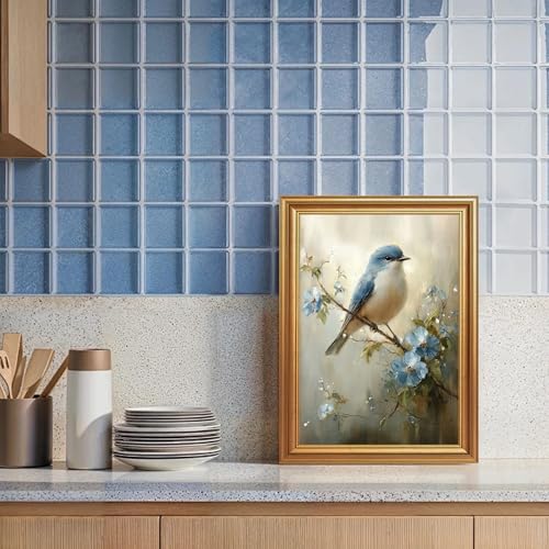 Wojuin Framed Vintage Blue Bird Floral on Branch Canvas Wall Art 12x16 inch - color: Bird, size: 16"L x 12"W