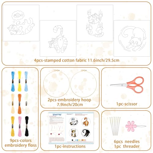 BEUNITONE 4PCS Fun and Funny Cat Embroidery Kit for Beginners, Cute Pre-Print Cat Pattern Hand Embroidery Kits with Hoop and Instruction, DIY Needlepoint Craft Kit for Gifts and Home Decor - style: A-Cat-02