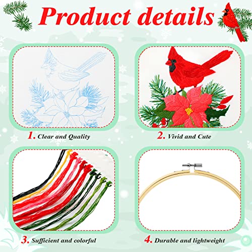 Ysleen 4 Set Christmas Cardinal Embroidery Kit for Beginners with Hoops