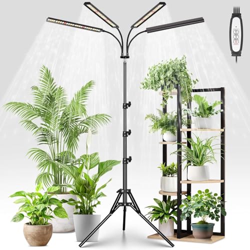 FOXGARDEN Grow Lights for Indoor Plants Full Spectrum with Tripod Stand, Tall Grow Lights for Indoor Growing with Flexible Gooseneck, Four-Head Plant Light with 4/8/12H Timer & 4 Brightness Levels - size: Stand-4Head