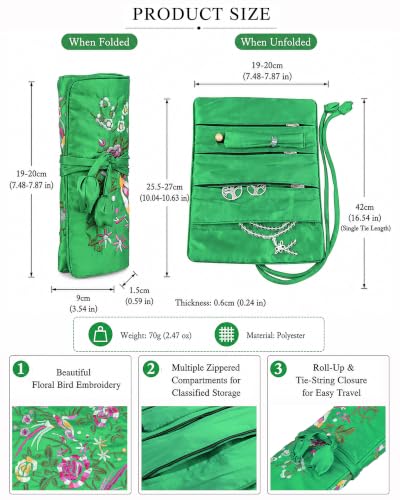 TUMBEELLUWA Embroidery Travel Jewelry Bag Roll Embroidered Flower and Bird Brocade Organizer with Tie Close - color: Deep Green