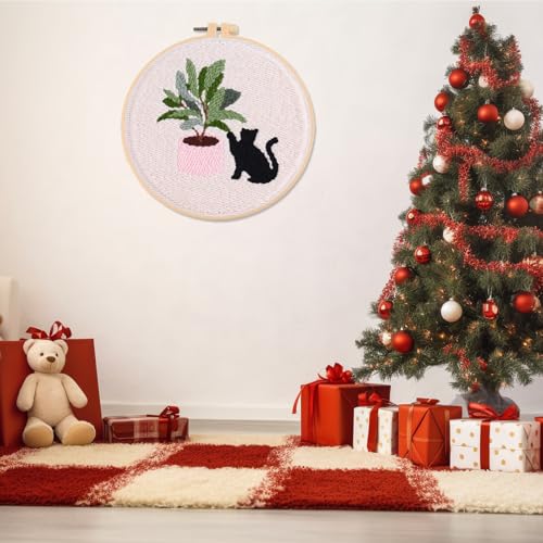 artcici Punch Needle Kit for Beginners with Plants Black Cat Pattern Tool and Yarn, Easy Embroidery Rug Hooking Set (Plant) - color: Plant