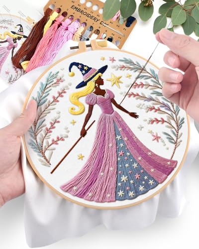 ERKOON Embroidery Kit for Beginners Adult, Cross Stitch Set Include Embroidery Cloth Hoops Threads for Craft Lover Hand Stitch with Embroidery Skill Techniques (Brown Witch) - color: Brown Witch