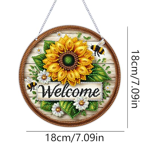 ARPADAMO Hanging Diamonds Art kit for Adult,DIY Sunflower Bee Pendant Diamonds Painting Art Kit, 7.0x7.0 inch Acrylic Diamonds Painting Board Kit Ornament, Special Crystal Diamond Hanging Ornament - color: DP02694