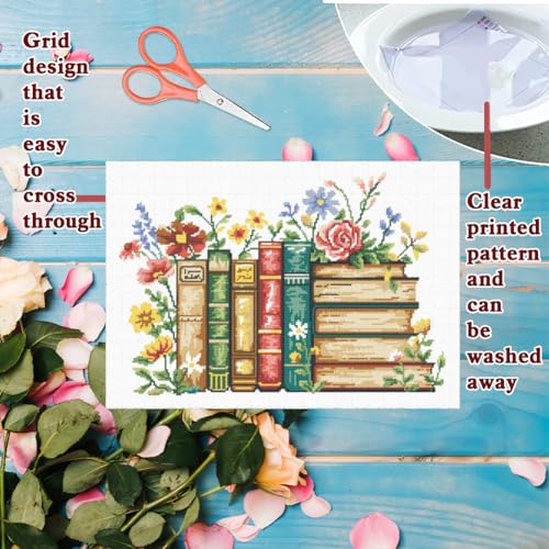 FREEBLOSS 11CT Stamped Cross Stitch Kit for Adults Beginners with Instructions Books and Flower Pattern Cross Stitch Kit Embroidery Wall Art Decoration No Frame 14x20in