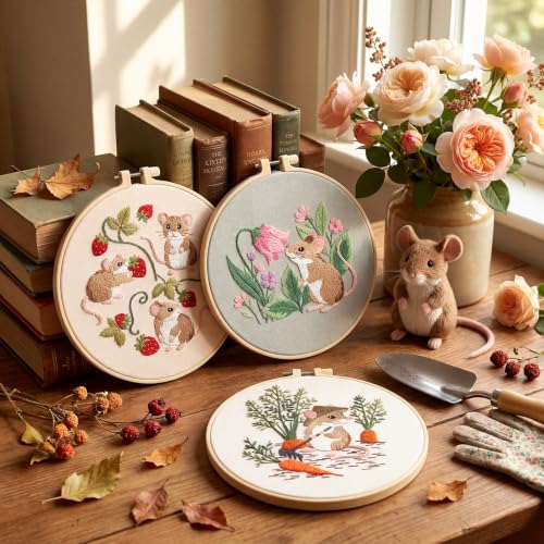 Mindsoft 3 Set Needlepoint Kit for Beginners with Hoop,Garden Mouse - style: Garden Mouse