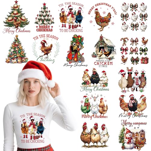 Dazoratix Chicken Christmas Iron on Transfers - 24 Sheets Funny DTF Ready to Press Heat Patches Coquettee Bow Merry Xmas Farm Stickers Vinyl Decals T Shirts Clothing Pillow Bag DIY Crafts Decorations - style: Chicken Christmas