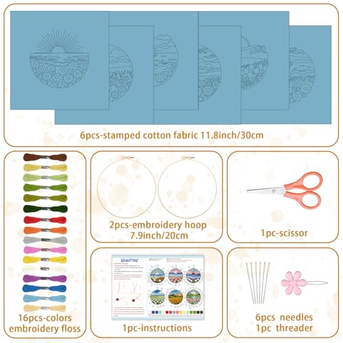 BEUNITONE 6 Set Flower Sea Starter Embroidery Kit with Pre-stamped Pattern Needlepoint Craft Kits with Embroidery Hoops Complete DIY Handmade Cross Stitch Set for Home Decor and Festival Gifts 20x20cm - style: Sea of Flowers