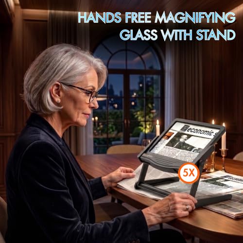 MAGNIPROS 5X LED Page Magnifying Glass, Detachable Stand, 3 Color Modes - color: Jet Black