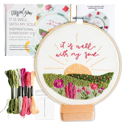 Elly & Grace Christian Embroidery Kit with Embroidery Hoop, Easy Embroidery Kit for Beginners and Adults, Full Embroidery Hoop Kit with Needles and Thread Included (It is Well) - style: It is Well