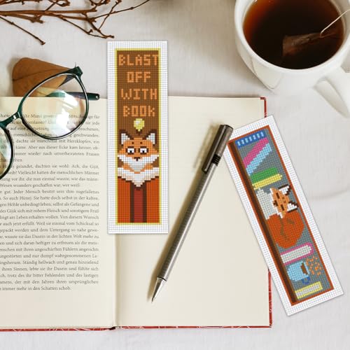 INFUNLY 6 Set Fox Reading Cross Stitch Bookmark Kit DIY Cross Stitch Kit 8"x2.4" Pre-Printed Books Stamped Embroidery Bookmark with Instructions for Beginners Book Lovers Gifts - style: Fox Reading
