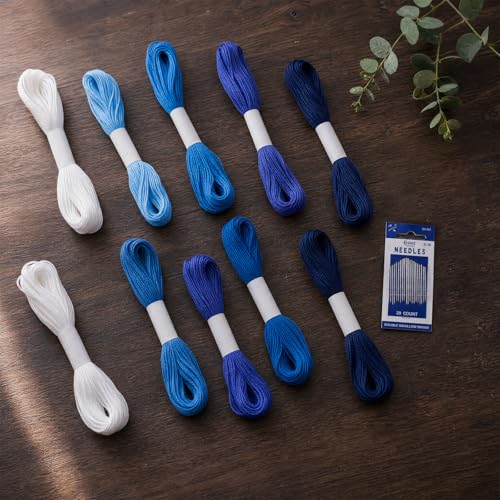32 Pcs Sashiko Thread Kit, 12 Strands Blue Sashiko Thread and 20 Needles