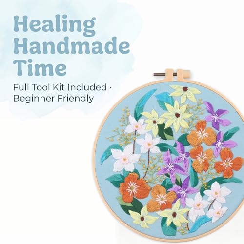 Harimau Adult Beginner Embroidery Starter Kit, Complete Set with 4 Patterns, 2 Hoops, Needles, Scissors, Instruction Guide & Stitching Video Tutorials - color: Floral1 pattern