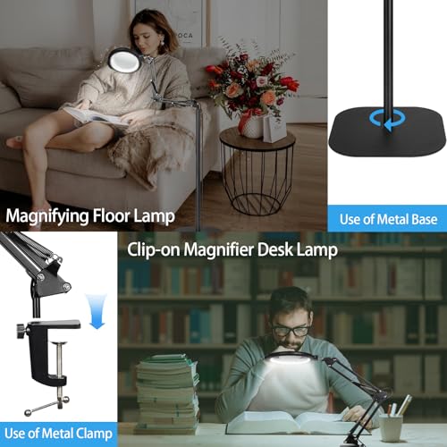 12X Large Magnifying Glass with Light and Floor Stand, 5.2" Floor Lamp - color: Matte Black
