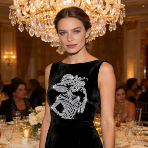 1 Pc Elegant Lady Iron on Rhinestones Transfer, Elegant Hat for Wome Hotfix Iron on Patch Transfer Decals Crystal Heat Transfer Clothing Repair Decor for T-Shirt Hat Jacket Party Decor - color: Elegant Lady
