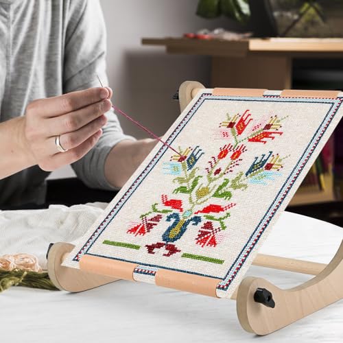 Embroidery Table Stand - Adjustable Cross Stitch Hoop Stand, Wood Embroidery Hoop Stand for Lap or Table, Cross Stitch Frame with 2 Sizes Rod
