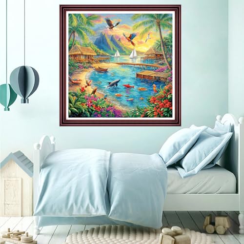 Funchey Counted Cross Stitch Kits for Adults Needlepoint Kits Unprinted Cross Stitching Embroidery Kit 11CT Cross Stitch Supplies-Seaside Vacation Scenery 18x18 inch - color: ArtsKits26