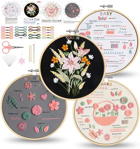 pindda Embroidery Kit for Beginners Adults, with Embroidery Patterns, Embroidery Hoop, Tools, Colorful Threads, Step by Step Instructions, Beginner-Friendly DIY Gift Hobbies for Women