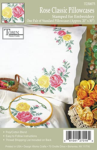 Tobin Stamped Pillowcase Pair for Embroidery, 20 by 30-Inch, Rose Classic