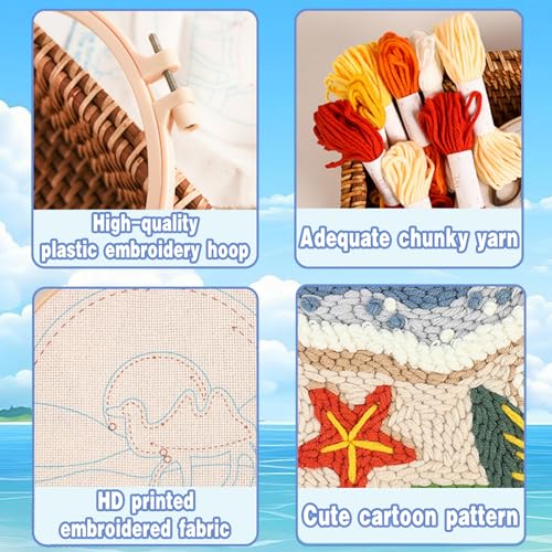 Beach Seaside Punch Needle Kit for Beginners, Crochet Kit for Adult, All-in-One DIY Craft Set with Pre-Printed Fabric, Embroidery Hoop, Threads, Tools, Ideal Craft Gift, Home Decor - color: SUN-BEACH