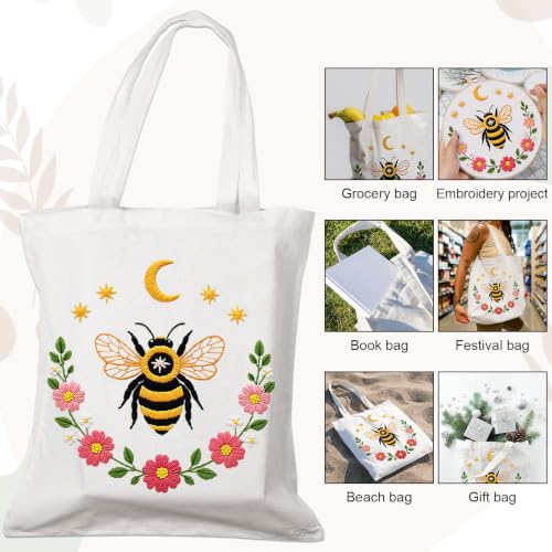 Nuberlic Embroidery Tote Bag Kit for Beginners with Bee Floral Pattern - color: bee2