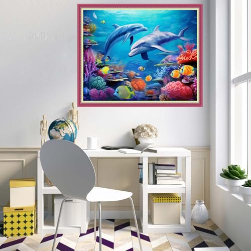 Disnesart Cross Stitch Stamped Full Embroidery Kits DIY 11CT Cotton Thread Printed DIY Needlepoint Kits Craft Needlework Set Cross-Stitch Stamped Sets-Dolphin Underwater World 16x20 inch - color: Stylepattern14