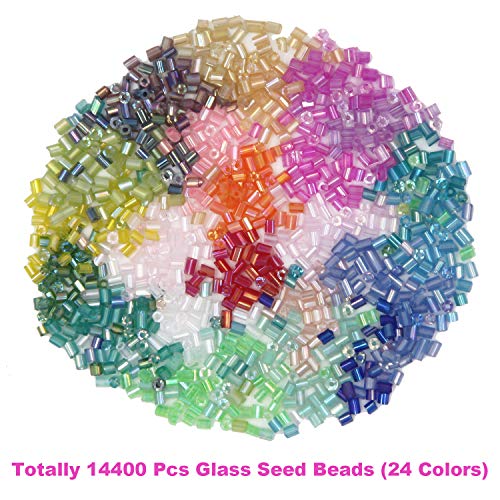 EuTengHao 14400pcs Tube Beads Bugle Glass Seed Beads, Small Craft Spacer Beads for DIY Bracelet Necklaces Crafting Jewelry Making Supplies with Two Crystal String (3mm, 600 Per Color, 24 Colors) - size: 3mm