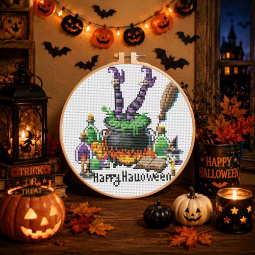 Halloween Stamped Cross Stitch Kits for Adults Beginners with Hoop Frame - color: Halloween Cross Stitch with Framed