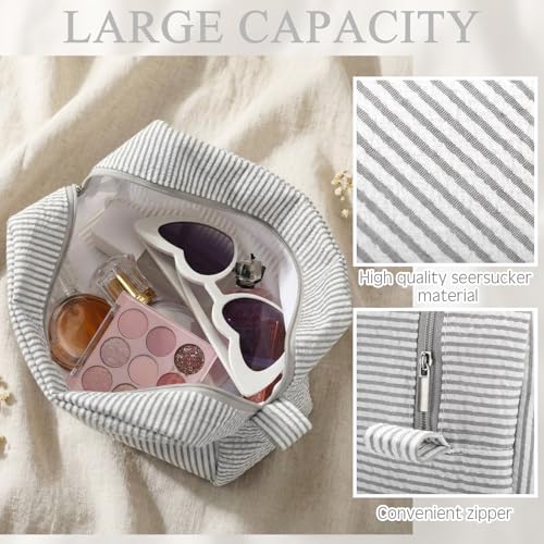 Sanwuta 3 Pcs Seersucker Makeup Bags, Gray - color: Gray