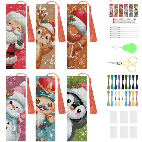 6 Set Christmas Cross Stitch Bookmark, Counted Cross Stitch Bookmarks with 6 Different Christmas Patterns, DIY Bookmark Kit for Adults and Beginners(6 Pack) - color: Sqszx-006